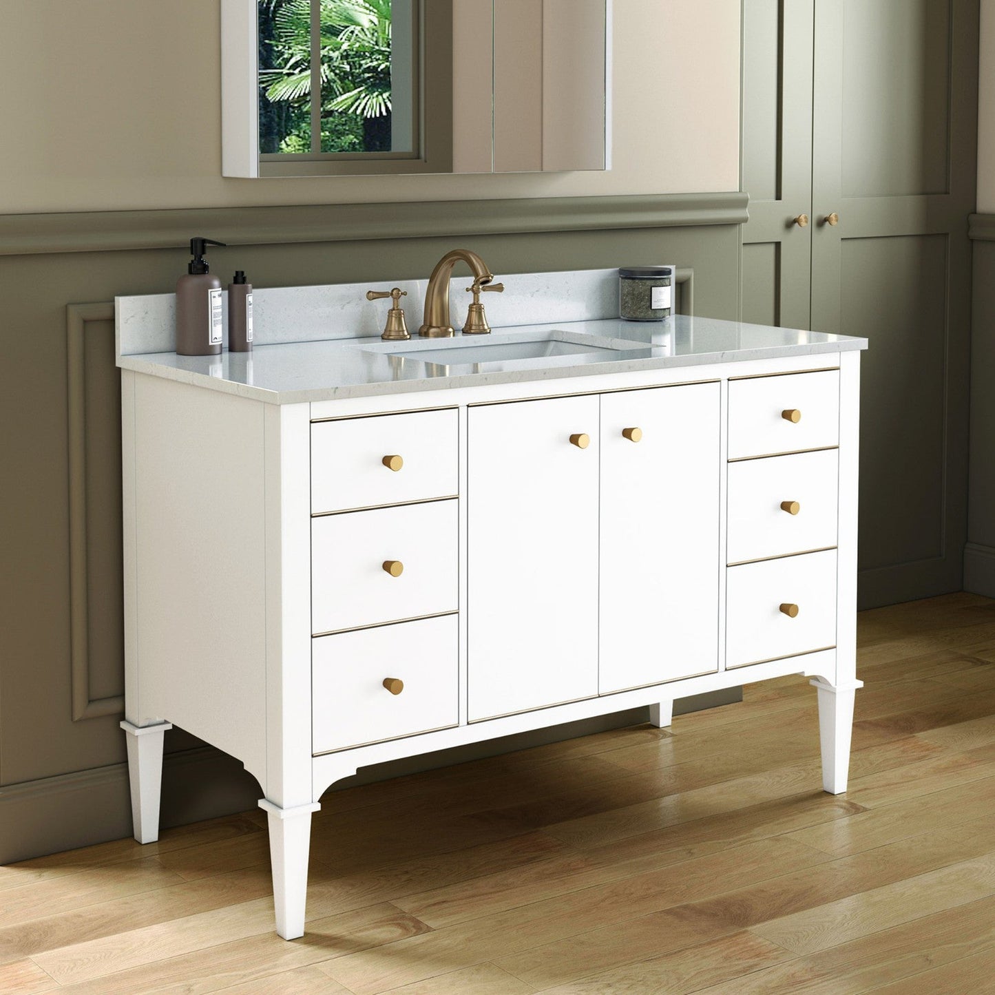 Woodbridge Roma 48" White Solid Wood Vanity Base With Gold Hardware and Carrara Engineered Stone Composite Top With 3 Pre-Drilled Holes