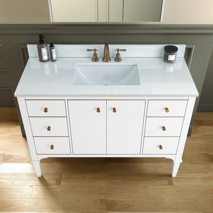 Woodbridge Roma 48" White Solid Wood Vanity Base With Gold Hardware and Carrara Engineered Stone Composite Top With 3 Pre-Drilled Holes