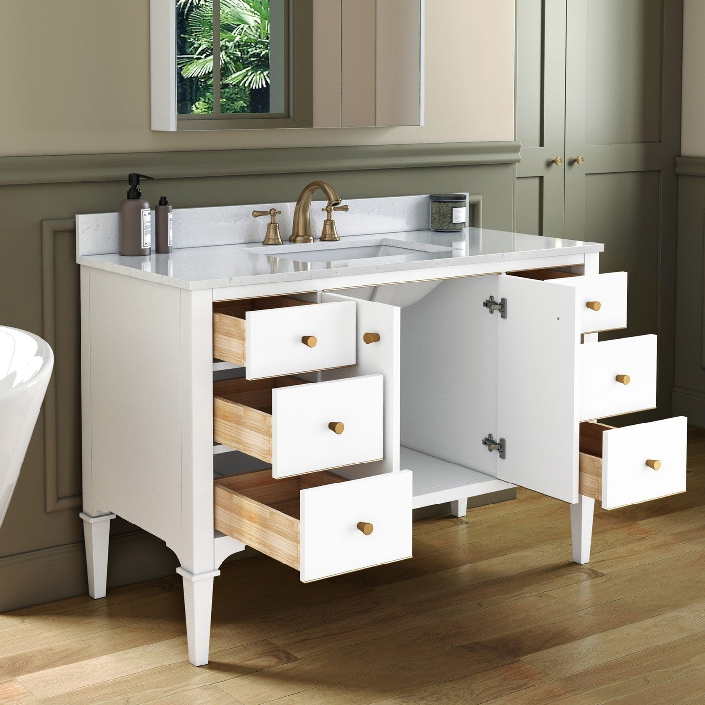 Woodbridge Roma 48" White Solid Wood Vanity Base With Gold Hardware and Carrara Engineered Stone Composite Top With 3 Pre-Drilled Holes