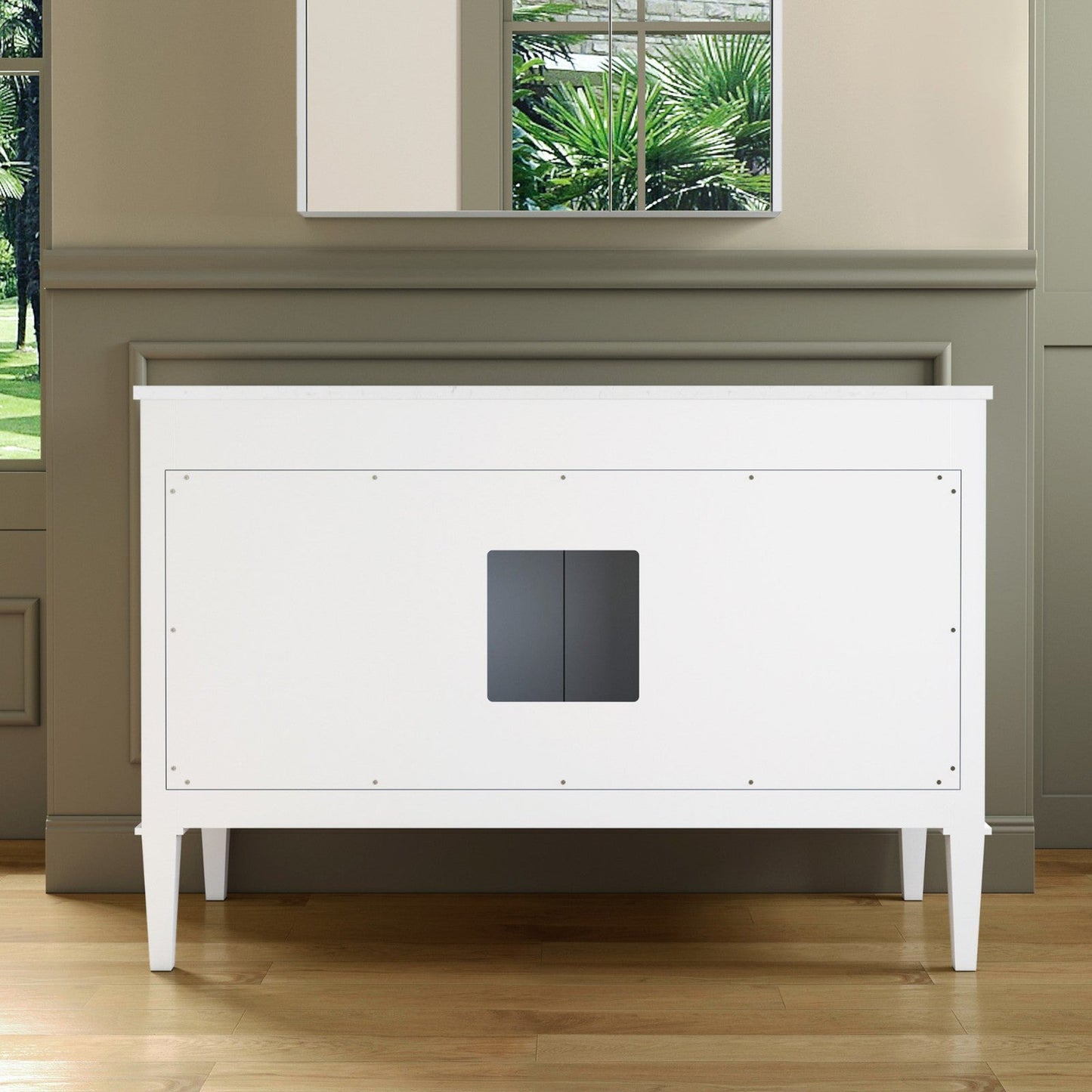 Woodbridge Roma 48" White Solid Wood Vanity Base With Gold Hardware and Carrara Engineered Stone Composite Top With 3 Pre-Drilled Holes