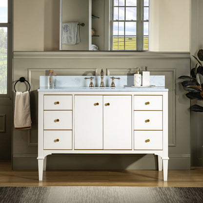 Woodbridge Roma 48" White Solid Wood Vanity Base With Gold Hardware and Carrara Engineered Stone Composite Top With 3 Pre-Drilled Holes