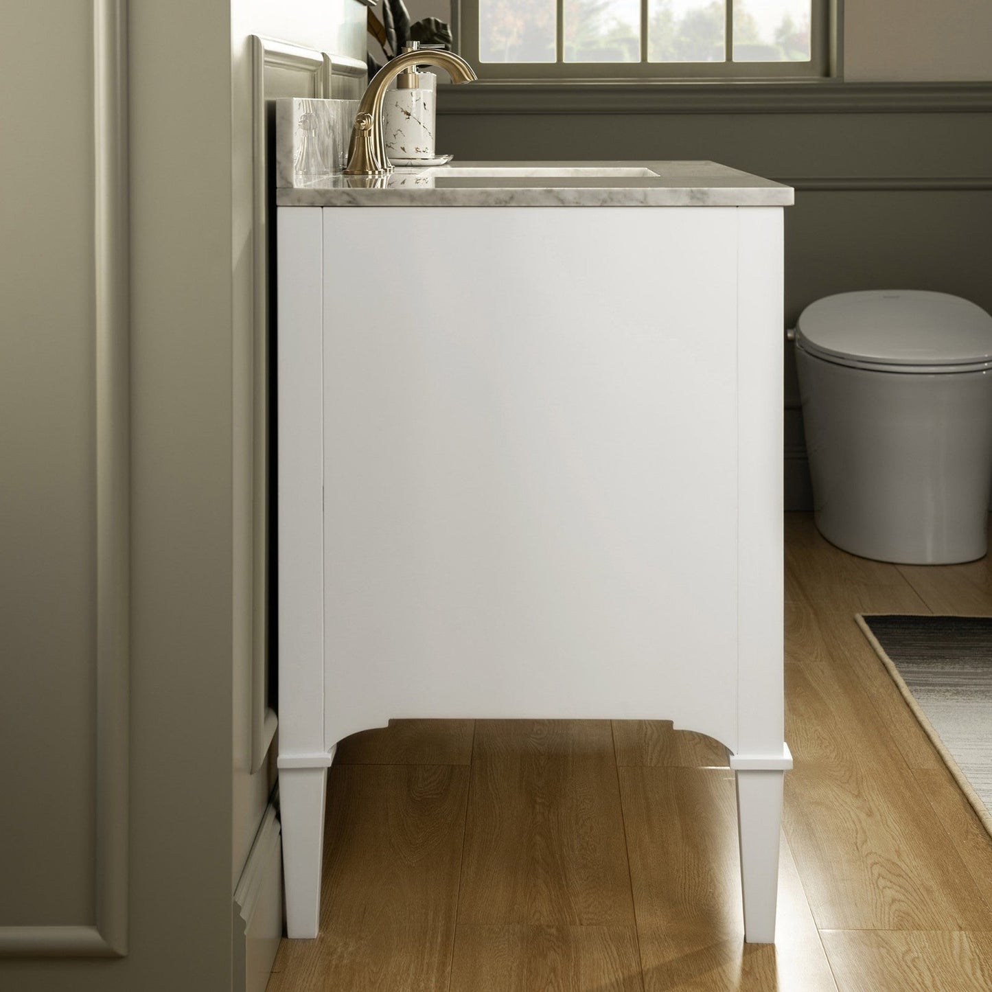 Woodbridge Roma 48" White Solid Wood Vanity Base With Gold Hardware and Carrara Marble Top With 3 Pre-Drilled Holes