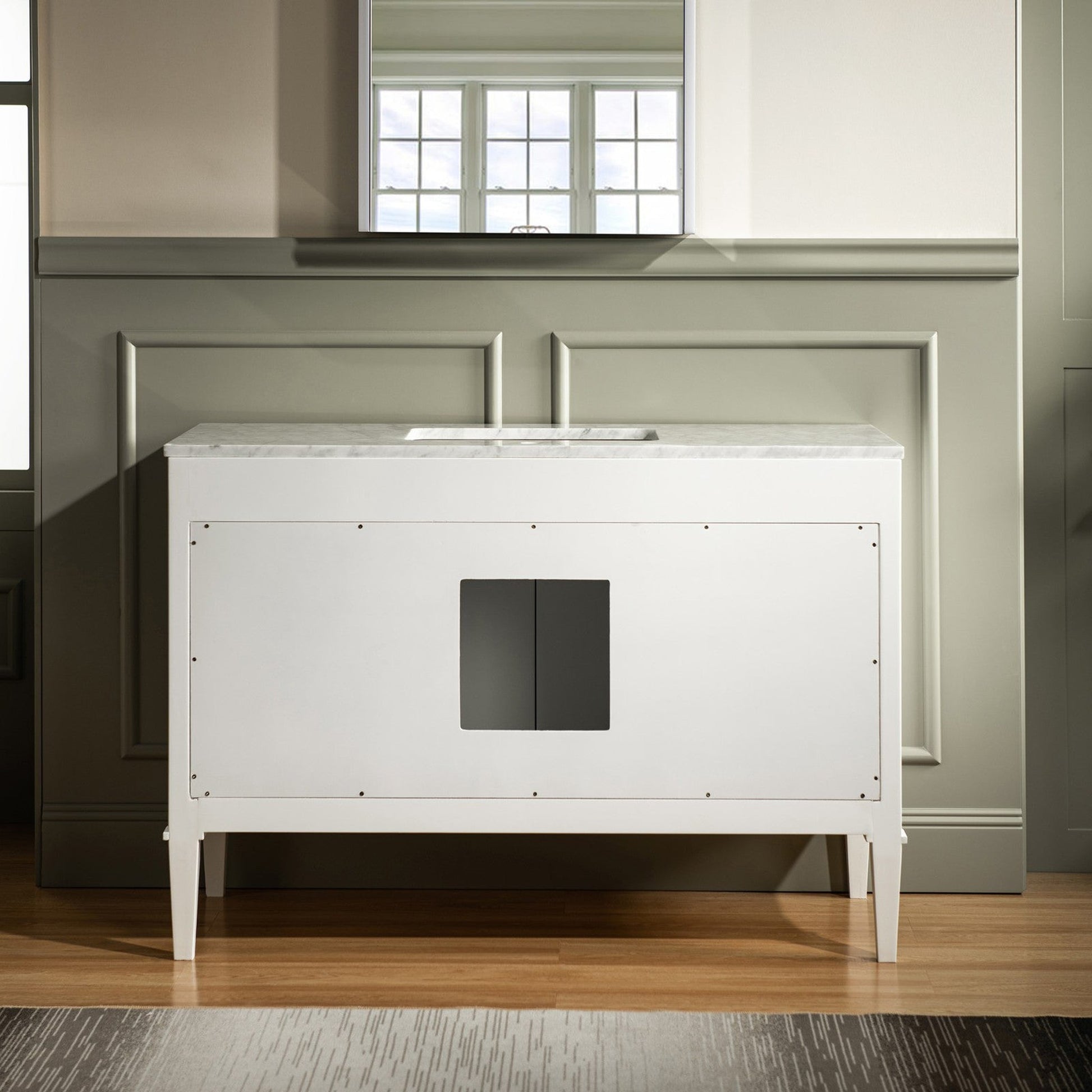Woodbridge Roma 48" White Solid Wood Vanity Base With Gold Hardware and Carrara Marble Top With 3 Pre-Drilled Holes