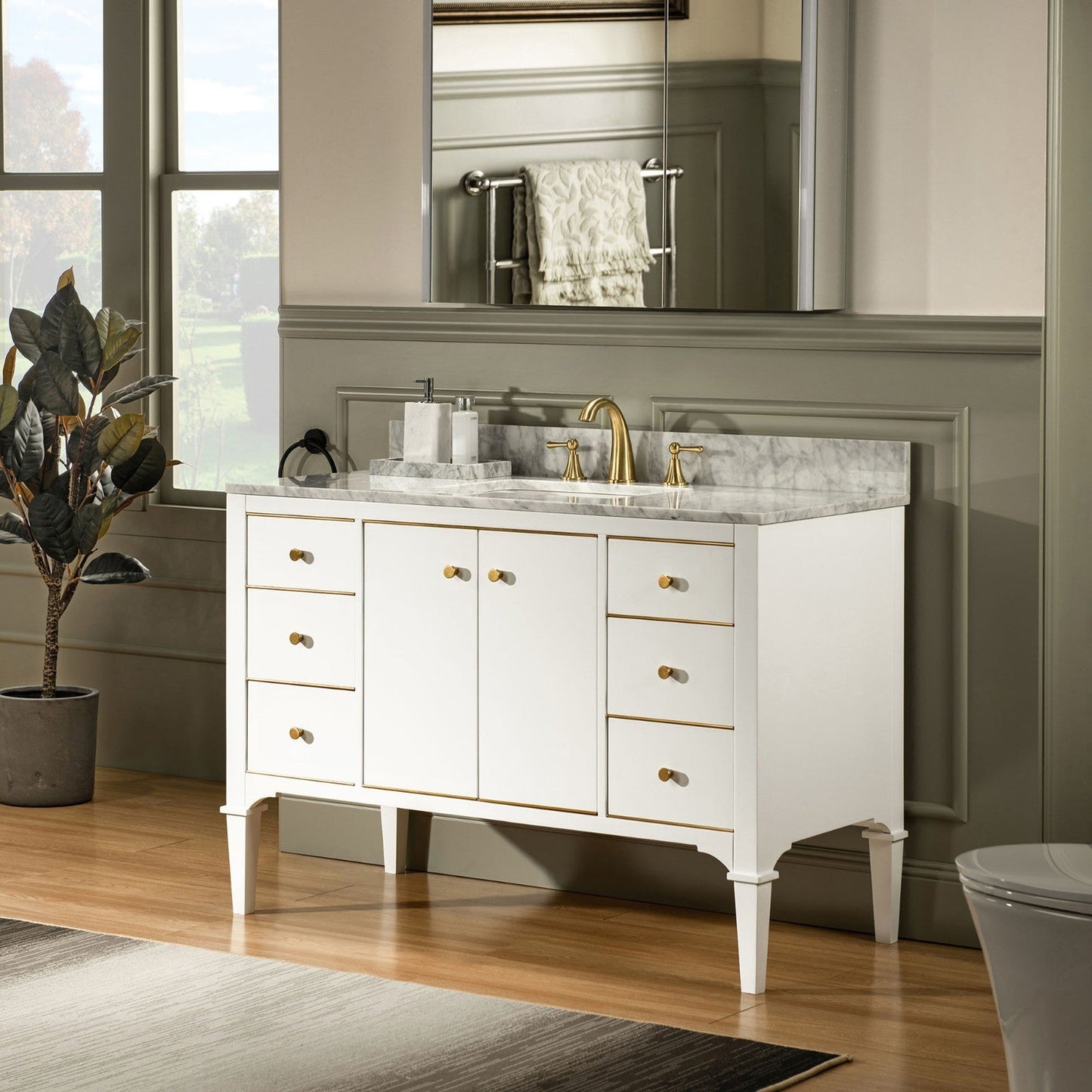 Woodbridge Roma 48" White Solid Wood Vanity Base With Gold Hardware and Carrara Marble Top With 3 Pre-Drilled Holes