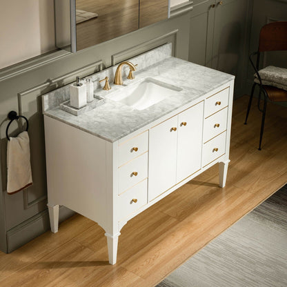 Woodbridge Roma 48" White Solid Wood Vanity Base With Gold Hardware and Carrara Marble Top With 3 Pre-Drilled Holes