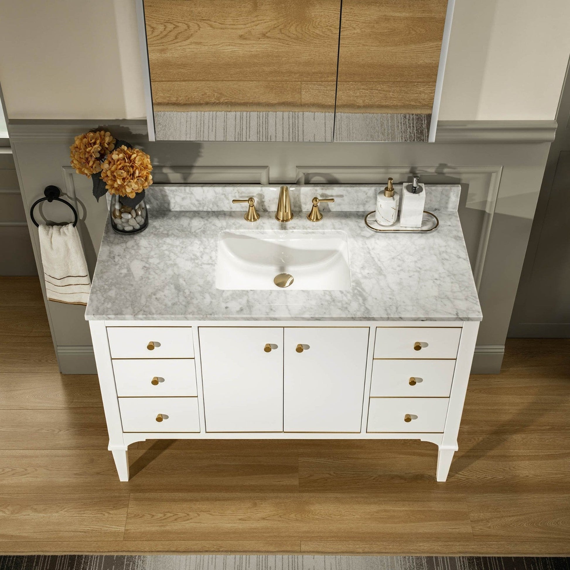 Woodbridge Roma 48" White Solid Wood Vanity Base With Gold Hardware and Carrara Marble Top With 3 Pre-Drilled Holes