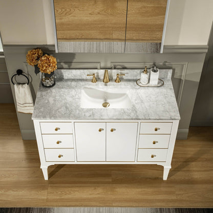 Woodbridge Roma 48" White Solid Wood Vanity Base With Gold Hardware and Carrara Marble Top With 3 Pre-Drilled Holes