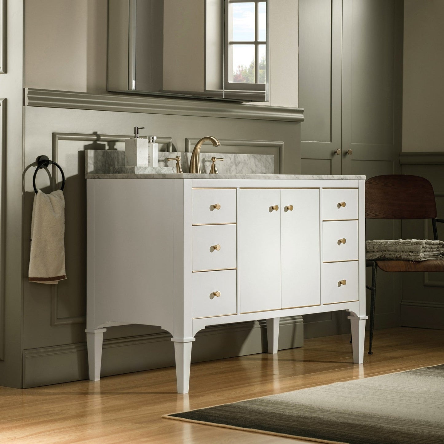 Woodbridge Roma 48" White Solid Wood Vanity Base With Gold Hardware and Carrara Marble Top With 3 Pre-Drilled Holes