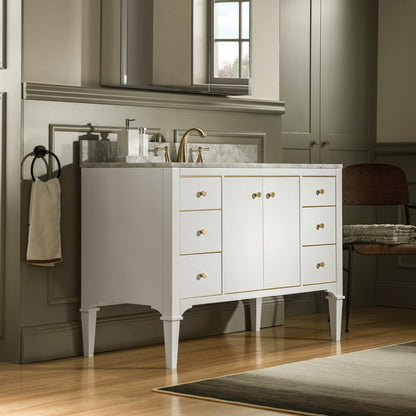 Woodbridge Roma 48" White Solid Wood Vanity Base With Gold Hardware and Carrara Marble Top With 3 Pre-Drilled Holes