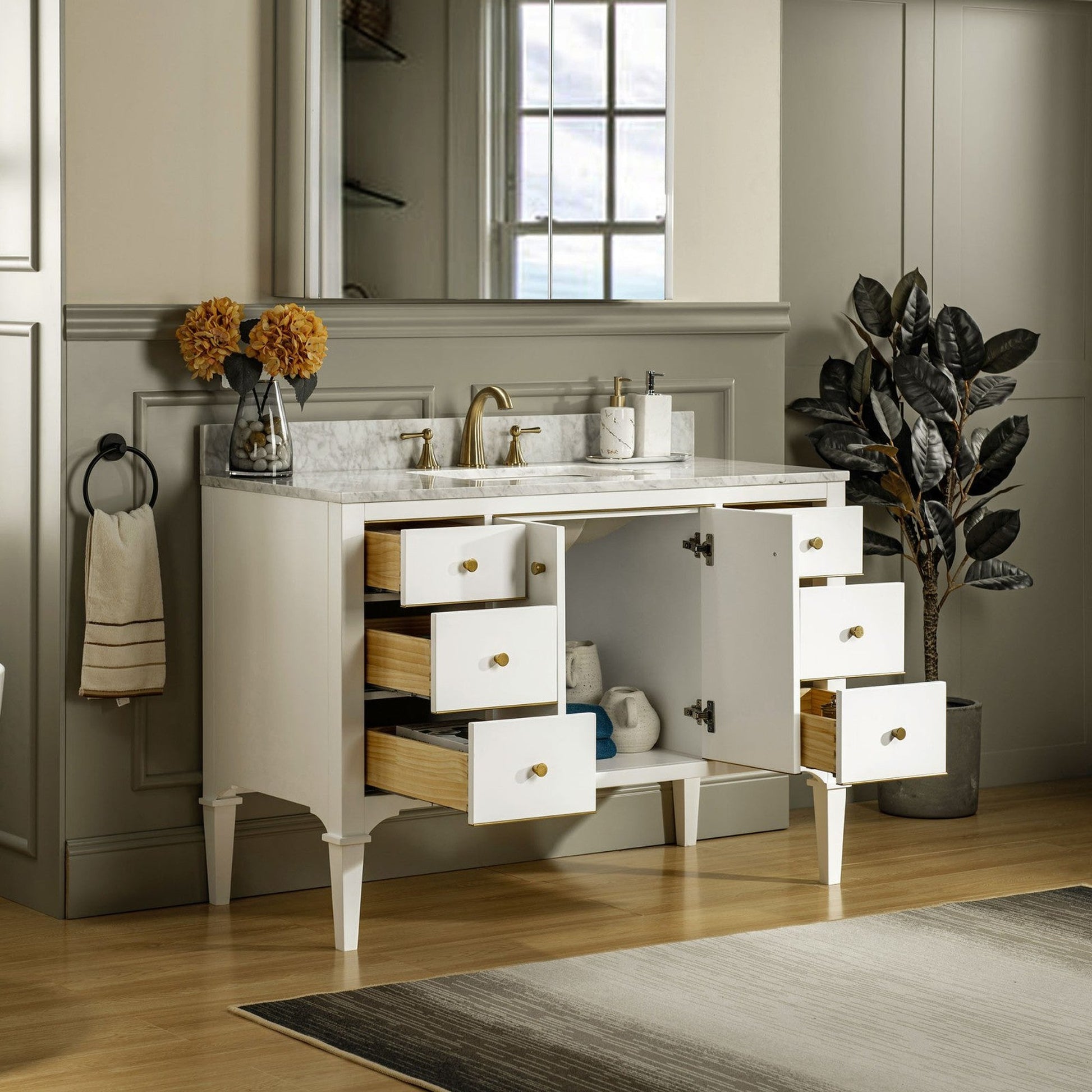 Woodbridge Roma 48" White Solid Wood Vanity Base With Gold Hardware and Carrara Marble Top With 3 Pre-Drilled Holes