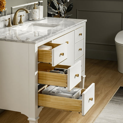 Woodbridge Roma 48" White Solid Wood Vanity Base With Gold Hardware and Carrara Marble Top With 3 Pre-Drilled Holes