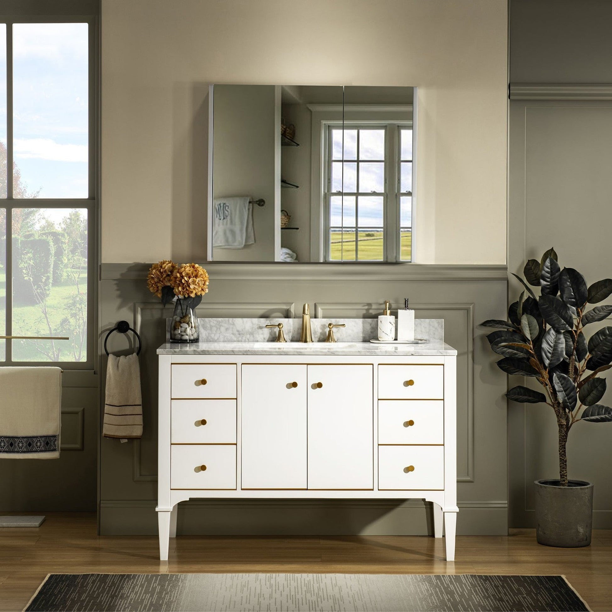 Woodbridge Roma 48" White Solid Wood Vanity Base With Gold Hardware and Carrara Marble Top With 3 Pre-Drilled Holes