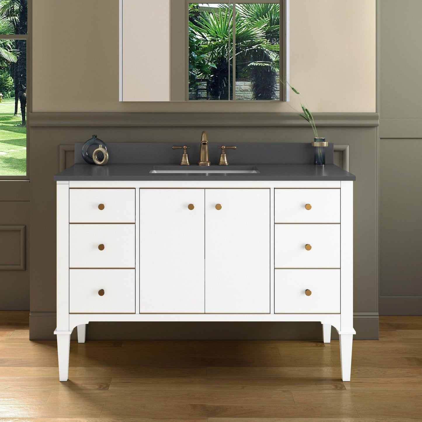 Woodbridge Roma 48" White Solid Wood Vanity Base With Gold Hardware and Dark Gray Engineered Stone Composite Top With 3 Pre-Drilled Holes