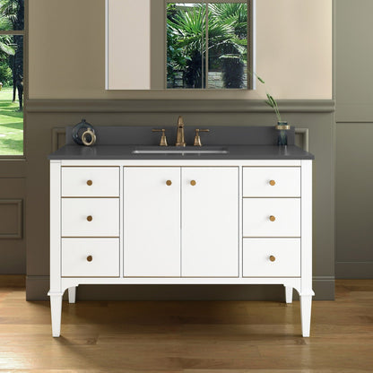 Woodbridge Roma 48" White Solid Wood Vanity Base With Gold Hardware and Dark Gray Engineered Stone Composite Top With 3 Pre-Drilled Holes