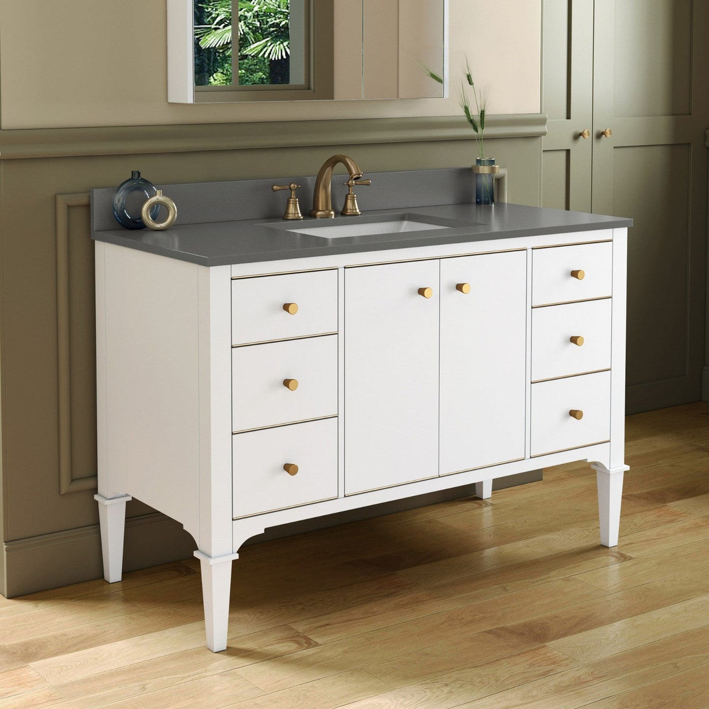 Woodbridge Roma 48" White Solid Wood Vanity Base With Gold Hardware and Dark Gray Engineered Stone Composite Top With 3 Pre-Drilled Holes