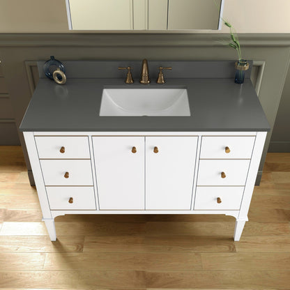 Woodbridge Roma 48" White Solid Wood Vanity Base With Gold Hardware and Dark Gray Engineered Stone Composite Top With 3 Pre-Drilled Holes