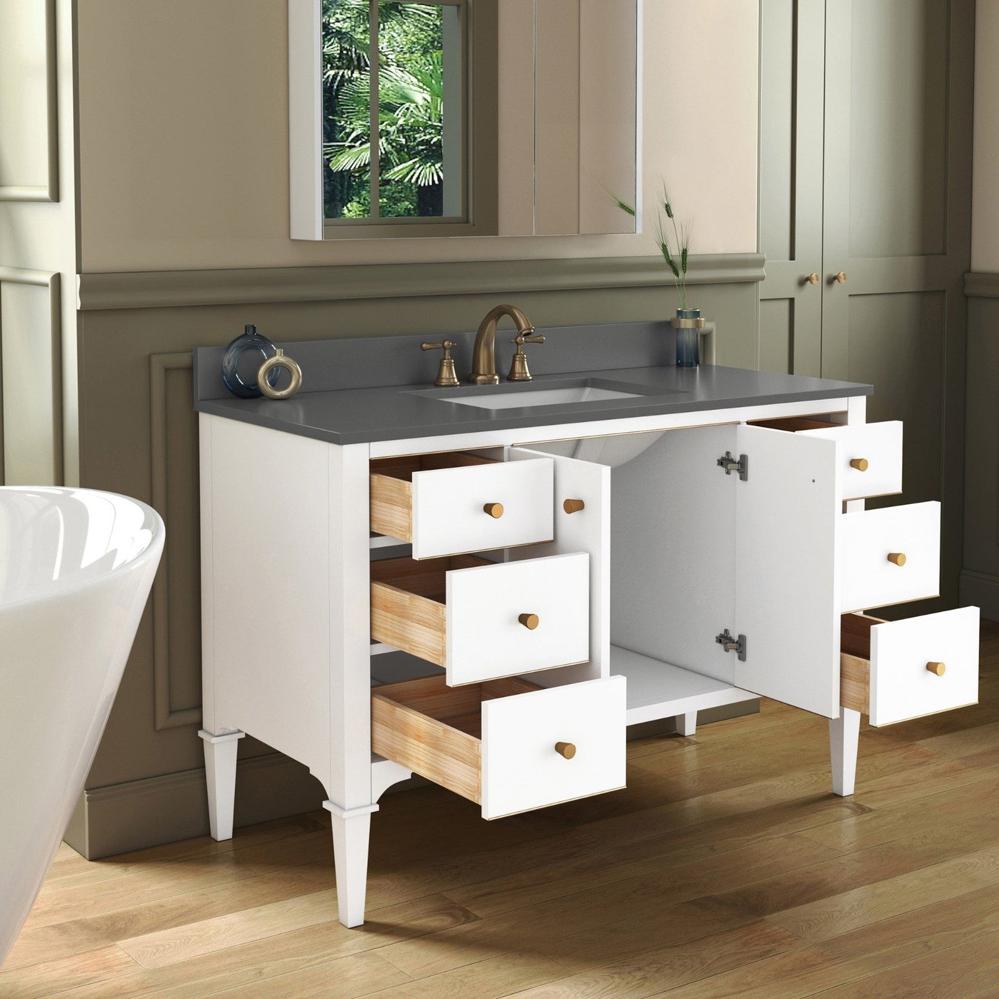 Woodbridge Roma 48" White Solid Wood Vanity Base With Gold Hardware and Dark Gray Engineered Stone Composite Top With 3 Pre-Drilled Holes