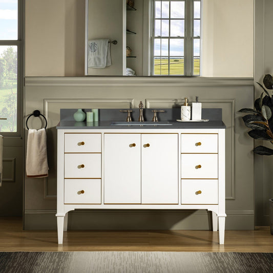 Woodbridge Roma 48" White Solid Wood Vanity Base With Gold Hardware and Dark Gray Engineered Stone Composite Top With 3 Pre-Drilled Holes