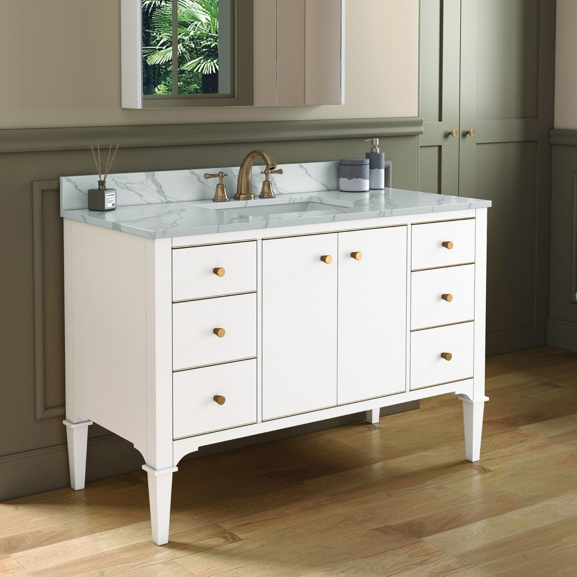 Woodbridge Roma 48" White Solid Wood Vanity Base With Gold Hardware and Fish Belly Engineered Stone Composite Top With 3 Pre-Drilled Holes
