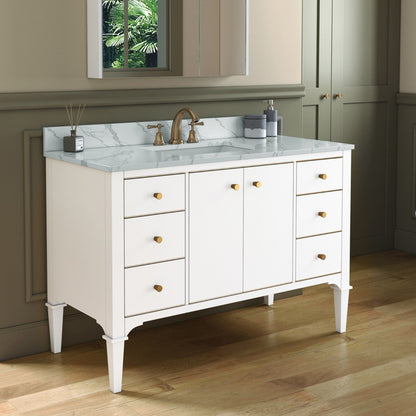 Woodbridge Roma 48" White Solid Wood Vanity Base With Gold Hardware and Fish Belly Engineered Stone Composite Top With 3 Pre-Drilled Holes