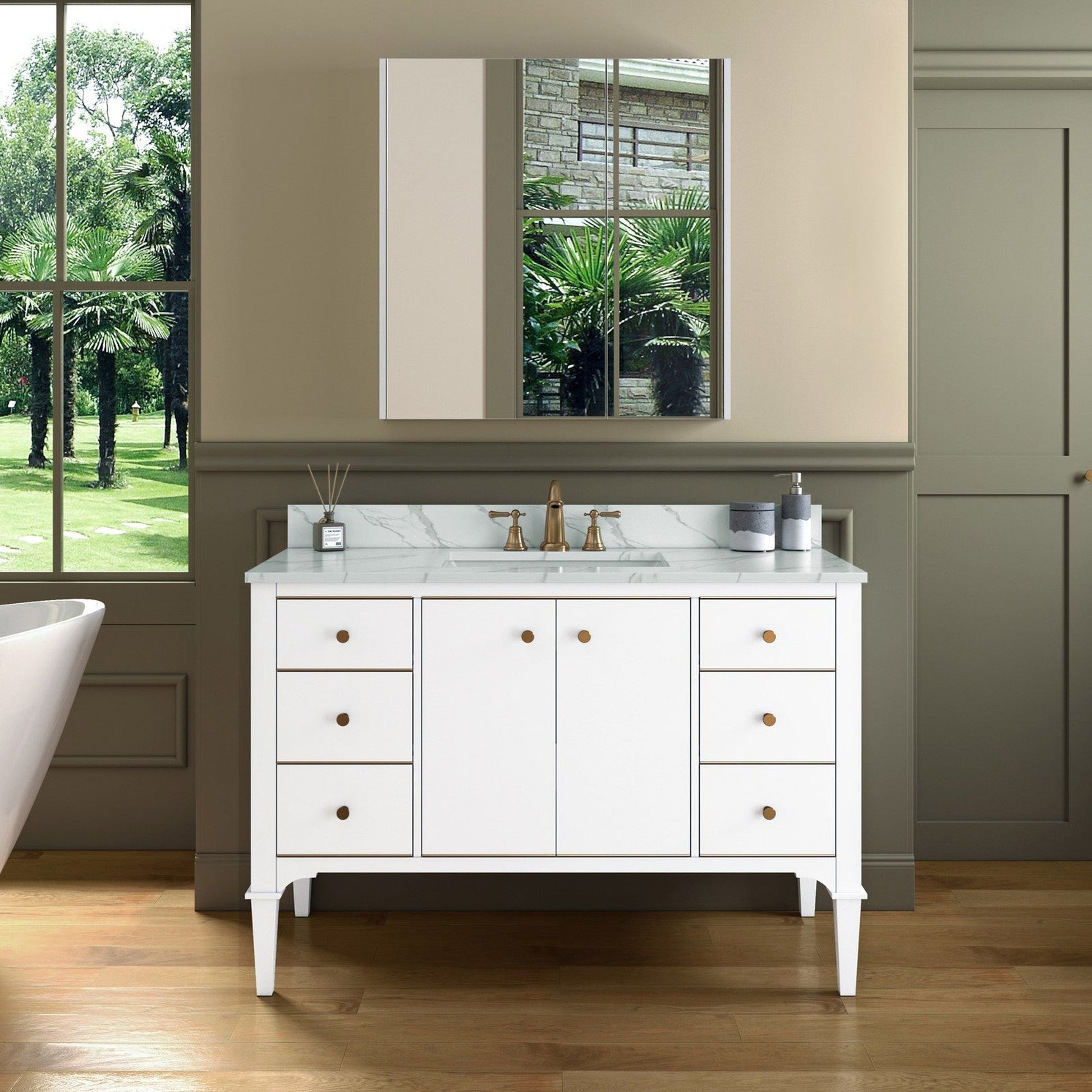 Woodbridge Roma 48" White Solid Wood Vanity Base With Gold Hardware and Fish Belly Engineered Stone Composite Top With 3 Pre-Drilled Holes