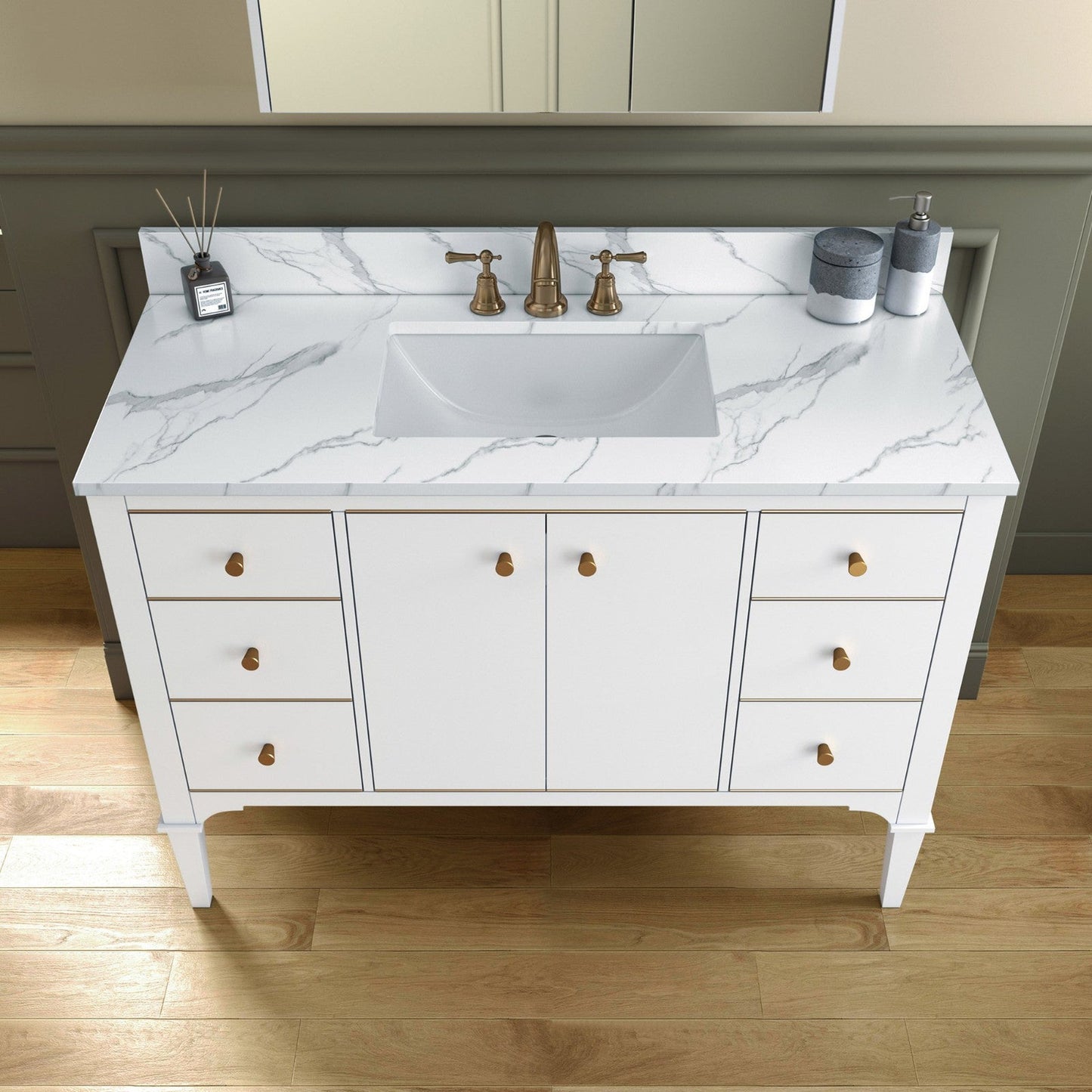 Woodbridge Roma 48" White Solid Wood Vanity Base With Gold Hardware and Fish Belly Engineered Stone Composite Top With 3 Pre-Drilled Holes