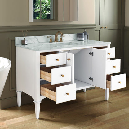 Woodbridge Roma 48" White Solid Wood Vanity Base With Gold Hardware and Fish Belly Engineered Stone Composite Top With 3 Pre-Drilled Holes