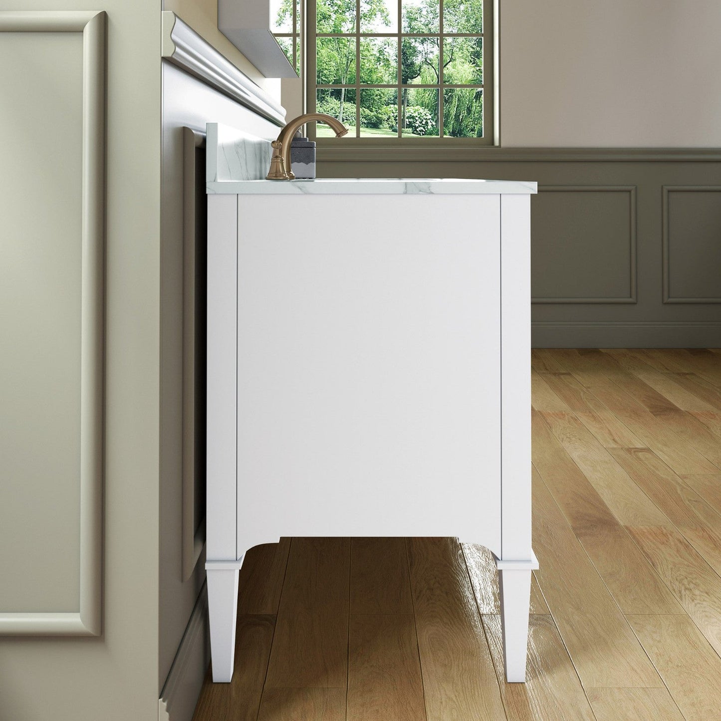Woodbridge Roma 48" White Solid Wood Vanity Base With Gold Hardware and Fish Belly Engineered Stone Composite Top With 3 Pre-Drilled Holes