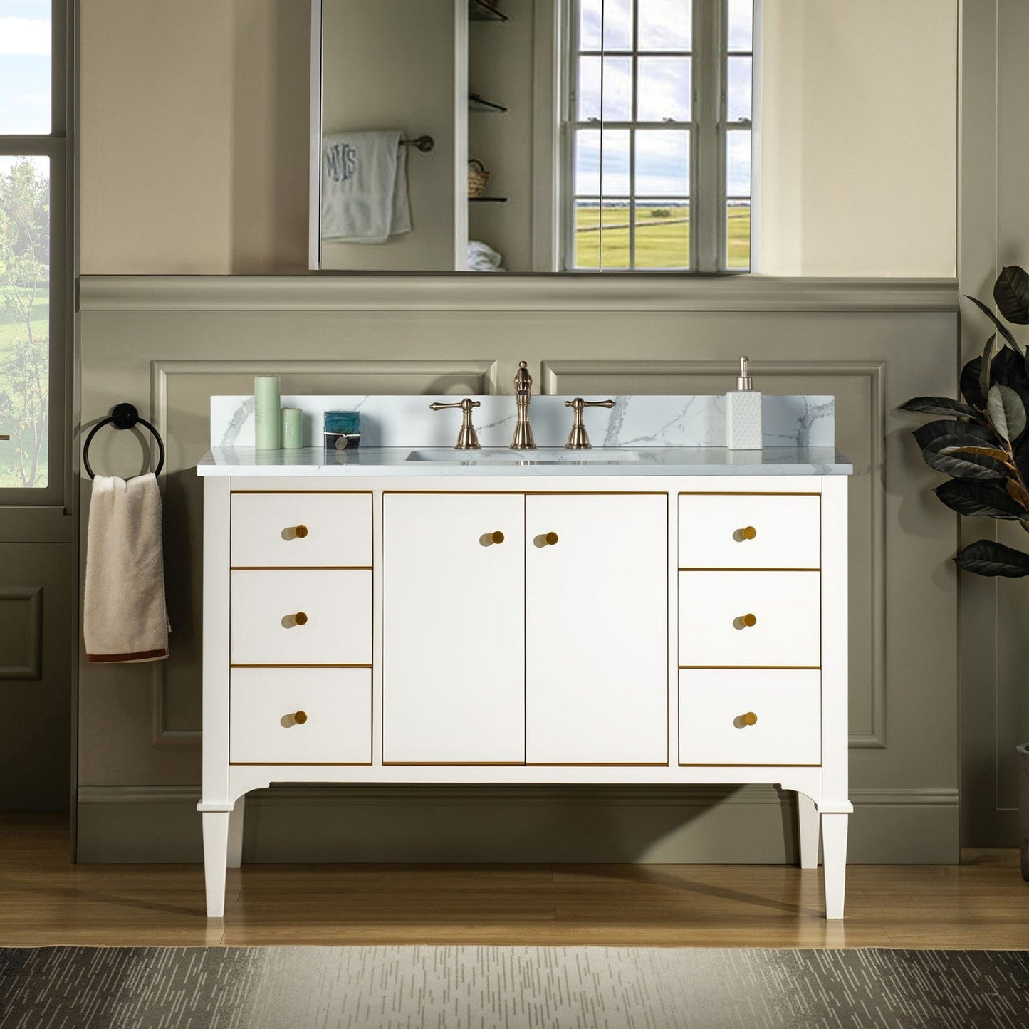 Woodbridge Roma 48" White Solid Wood Vanity Base With Gold Hardware and Fish Belly Engineered Stone Composite Top With 3 Pre-Drilled Holes