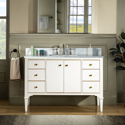 Woodbridge Roma 48" White Solid Wood Vanity Base With Gold Hardware and Fish Belly Engineered Stone Composite Top With 3 Pre-Drilled Holes