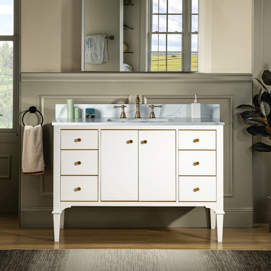 Woodbridge Roma 48" White Solid Wood Vanity Base With Gold Hardware and Fish Belly Engineered Stone Composite Top With 3 Pre-Drilled Holes