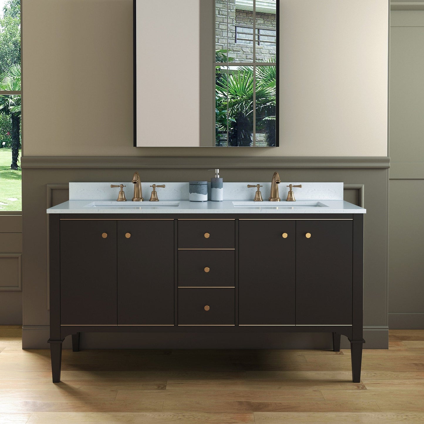 Woodbridge Roma 61" Espresso Solid Wood Vanity Base With Gold Hardware and Carrara Engineered Stone Composite Top With 3 Pre-Drilled Holes
