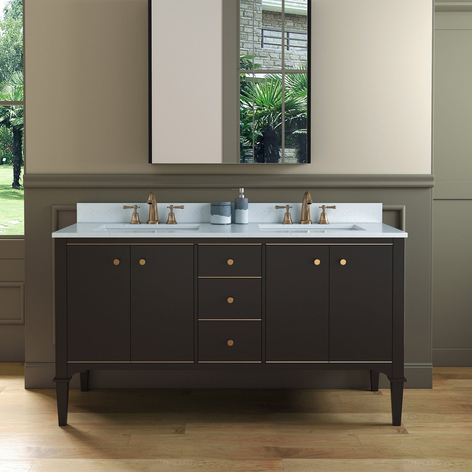 Woodbridge Roma 61" Espresso Solid Wood Vanity Base With Gold Hardware and Carrara Engineered Stone Composite Top With 3 Pre-Drilled Holes