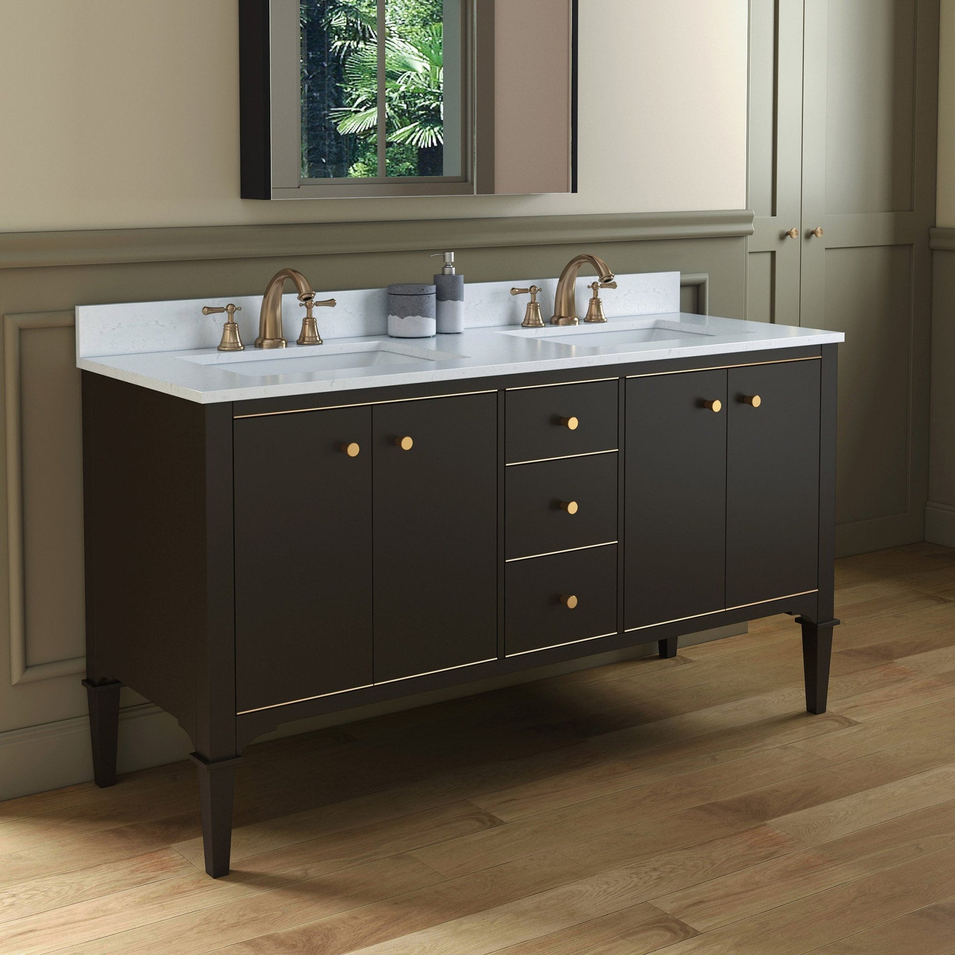 Woodbridge Roma 61" Espresso Solid Wood Vanity Base With Gold Hardware and Carrara Engineered Stone Composite Top With 3 Pre-Drilled Holes