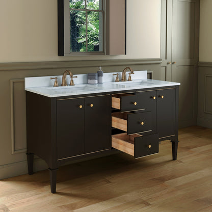 Woodbridge Roma 61" Espresso Solid Wood Vanity Base With Gold Hardware and Carrara Engineered Stone Composite Top With 3 Pre-Drilled Holes