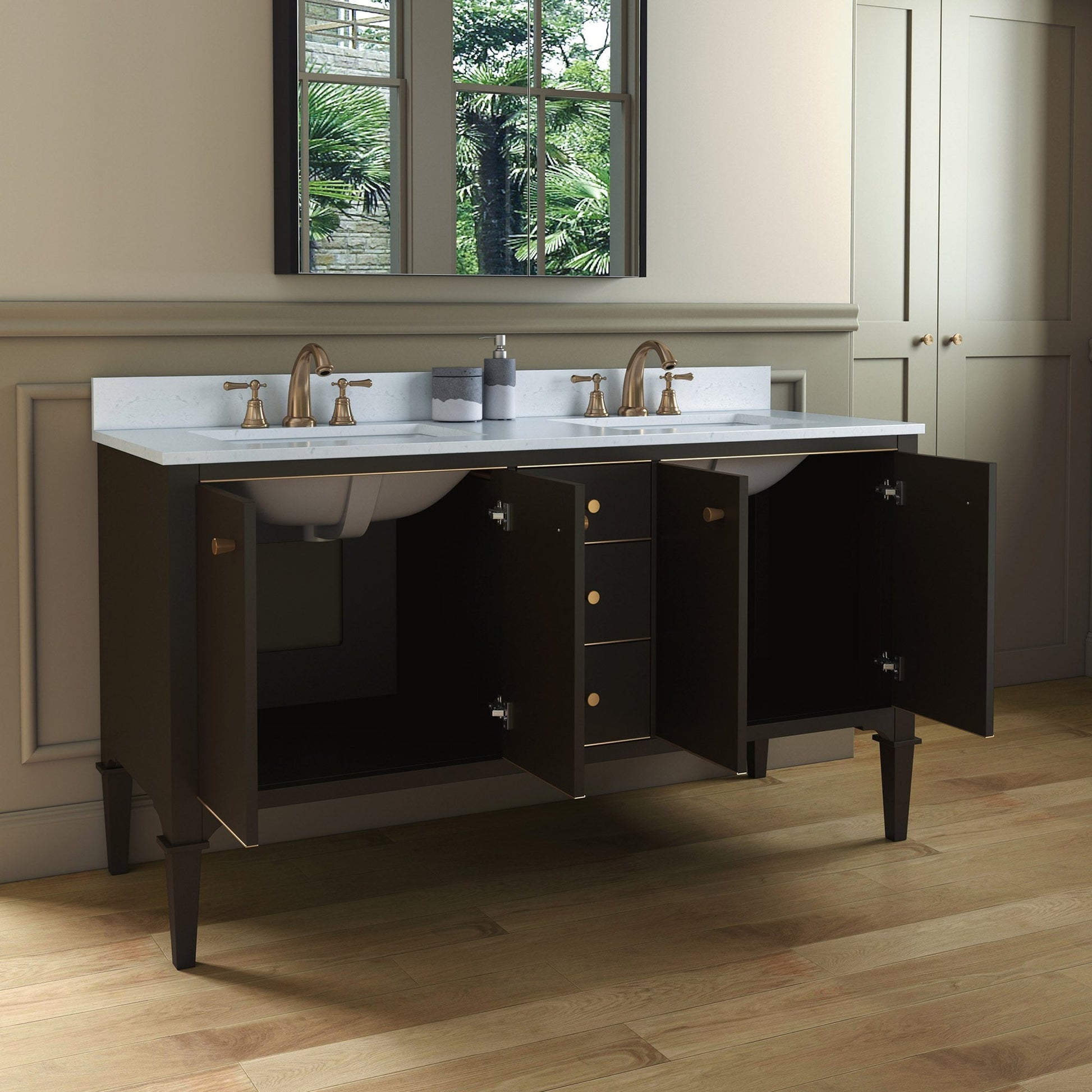 Woodbridge Roma 61" Espresso Solid Wood Vanity Base With Gold Hardware and Carrara Engineered Stone Composite Top With 3 Pre-Drilled Holes