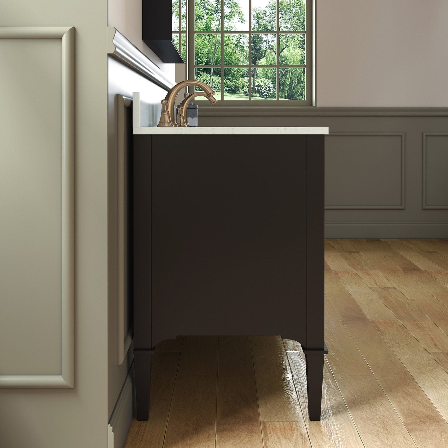 Woodbridge Roma 61" Espresso Solid Wood Vanity Base With Gold Hardware and Carrara Engineered Stone Composite Top With 3 Pre-Drilled Holes