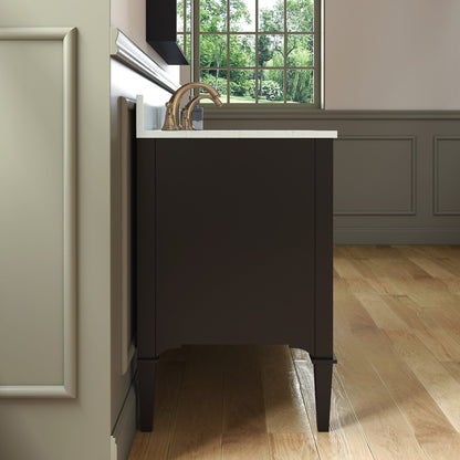 Woodbridge Roma 61" Espresso Solid Wood Vanity Base With Gold Hardware and Carrara Engineered Stone Composite Top With 3 Pre-Drilled Holes
