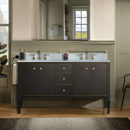 Woodbridge Roma 61" Espresso Solid Wood Vanity Base With Gold Hardware and Carrara Engineered Stone Composite Top With 3 Pre-Drilled Holes