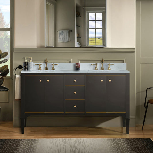 Woodbridge Roma 61" Espresso Solid Wood Vanity Base With Gold Hardware and Carrara Engineered Stone Composite Top With 3 Pre-Drilled Holes
