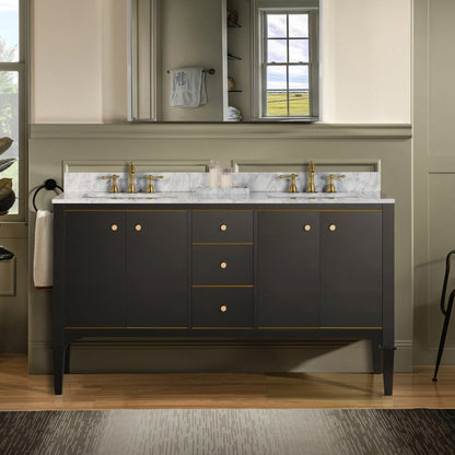 Woodbridge Roma 61" Espresso Solid Wood Vanity Base With Gold Hardware and Carrara Marble Top With 3 Pre-Drilled Holes