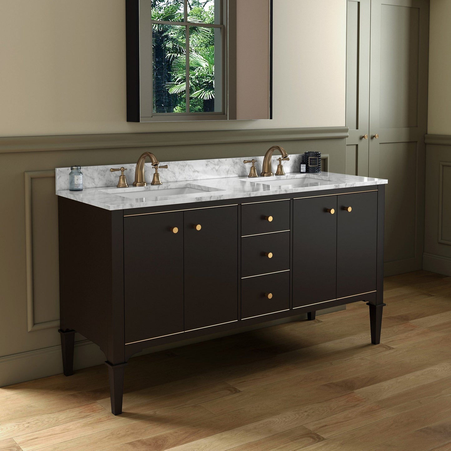 Woodbridge Roma 61" Espresso Solid Wood Vanity Base With Gold Hardware and Carrara Marble Top With 3 Pre-Drilled Holes