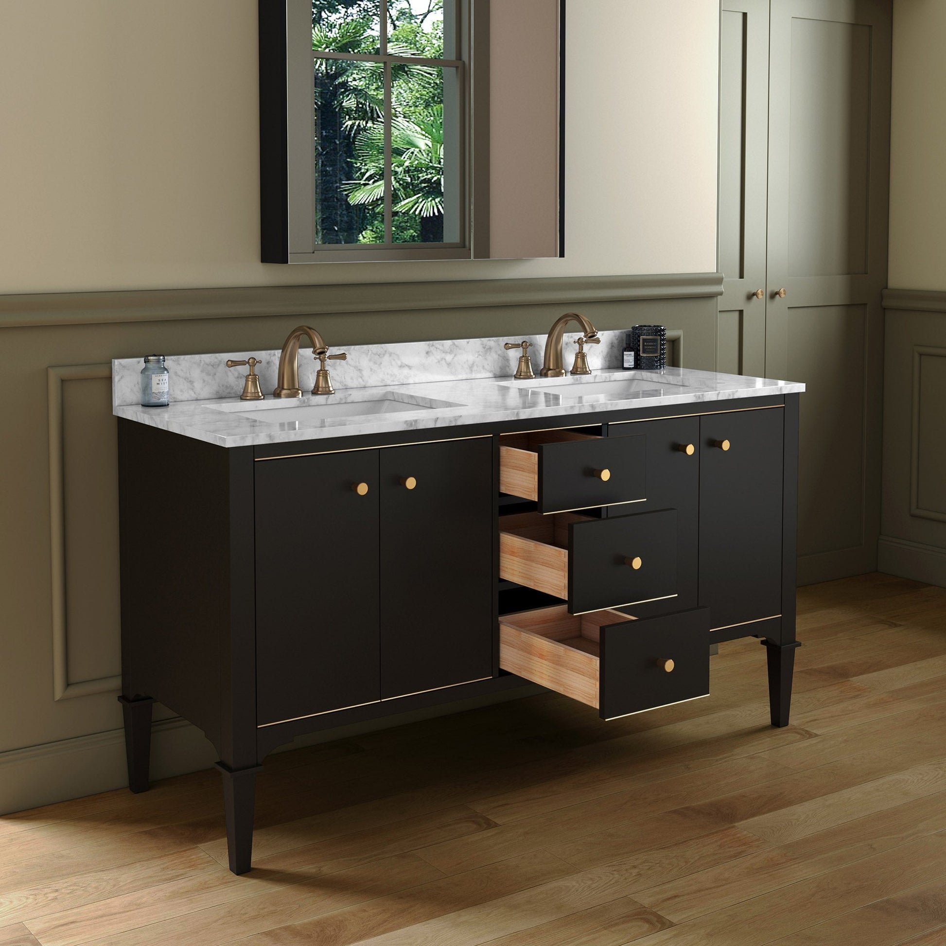 Woodbridge Roma 61" Espresso Solid Wood Vanity Base With Gold Hardware and Carrara Marble Top With 3 Pre-Drilled Holes