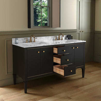 Woodbridge Roma 61" Espresso Solid Wood Vanity Base With Gold Hardware and Carrara Marble Top With 3 Pre-Drilled Holes