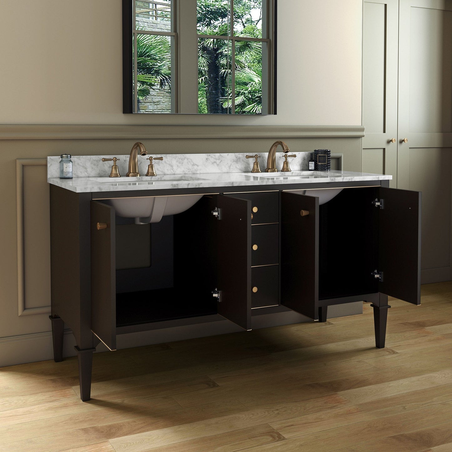 Woodbridge Roma 61" Espresso Solid Wood Vanity Base With Gold Hardware and Carrara Marble Top With 3 Pre-Drilled Holes