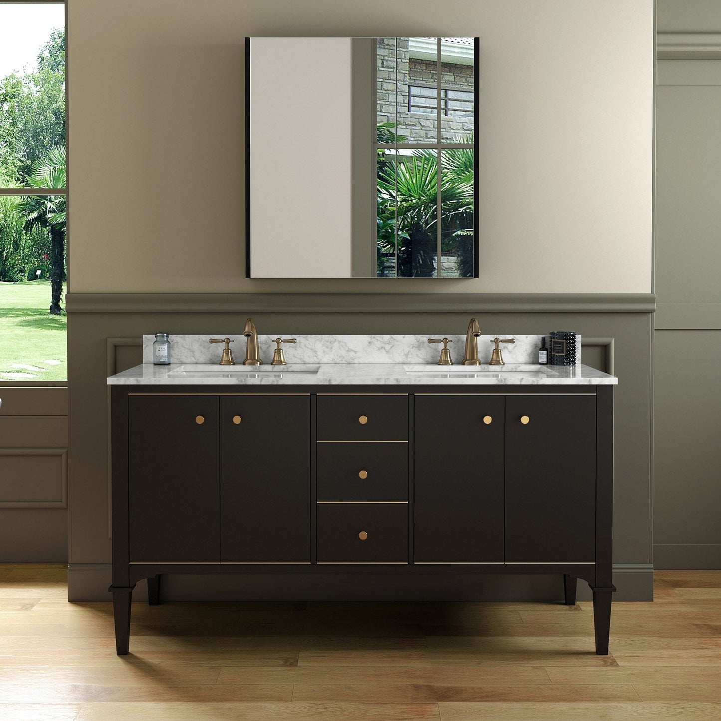 Woodbridge Roma 61" Espresso Solid Wood Vanity Base With Gold Hardware and Carrara Marble Top With 3 Pre-Drilled Holes