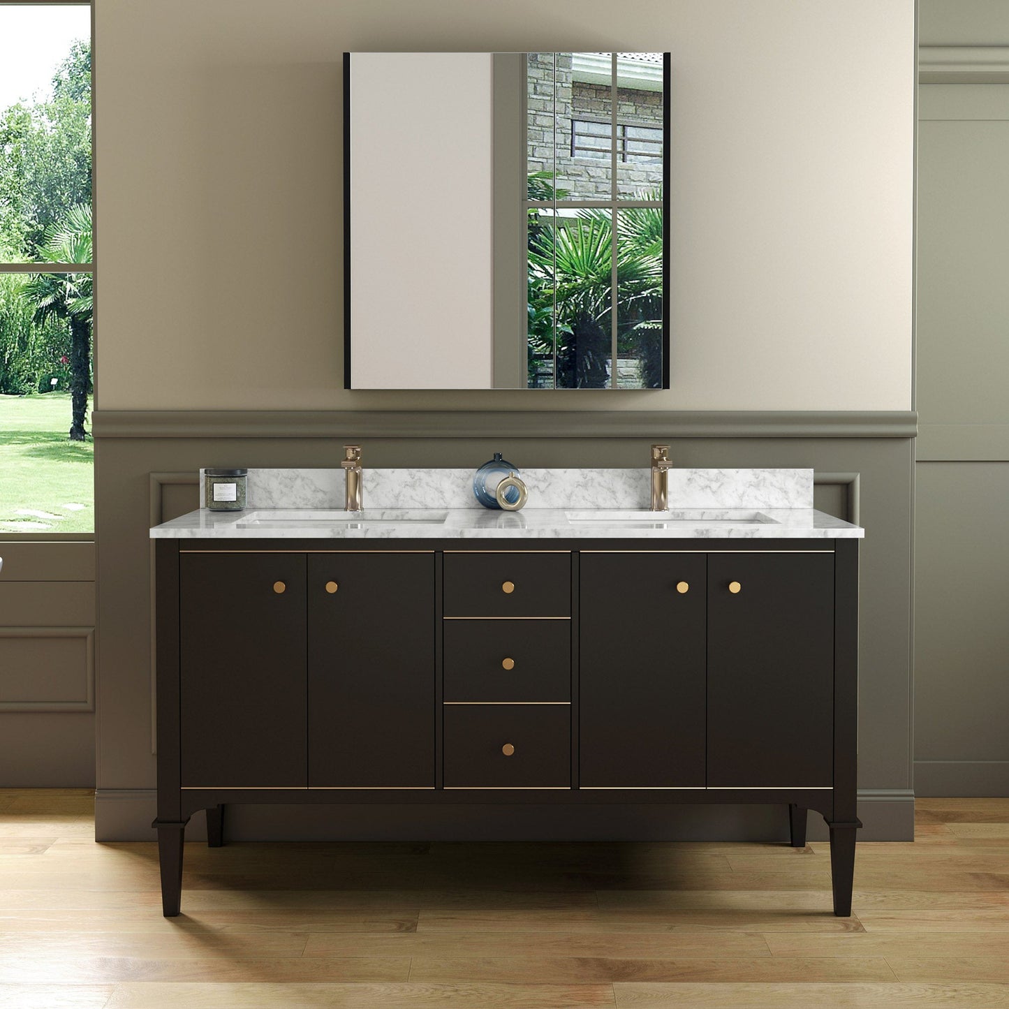 Woodbridge Roma 61" Espresso Solid Wood Vanity Base With Gold Hardware and Carrara Marble Top With Pre-Drilled Hole for Single Hole Faucet