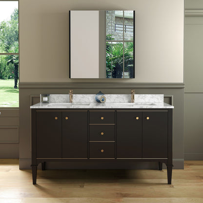 Woodbridge Roma 61" Espresso Solid Wood Vanity Base With Gold Hardware and Carrara Marble Top With Pre-Drilled Hole for Single Hole Faucet