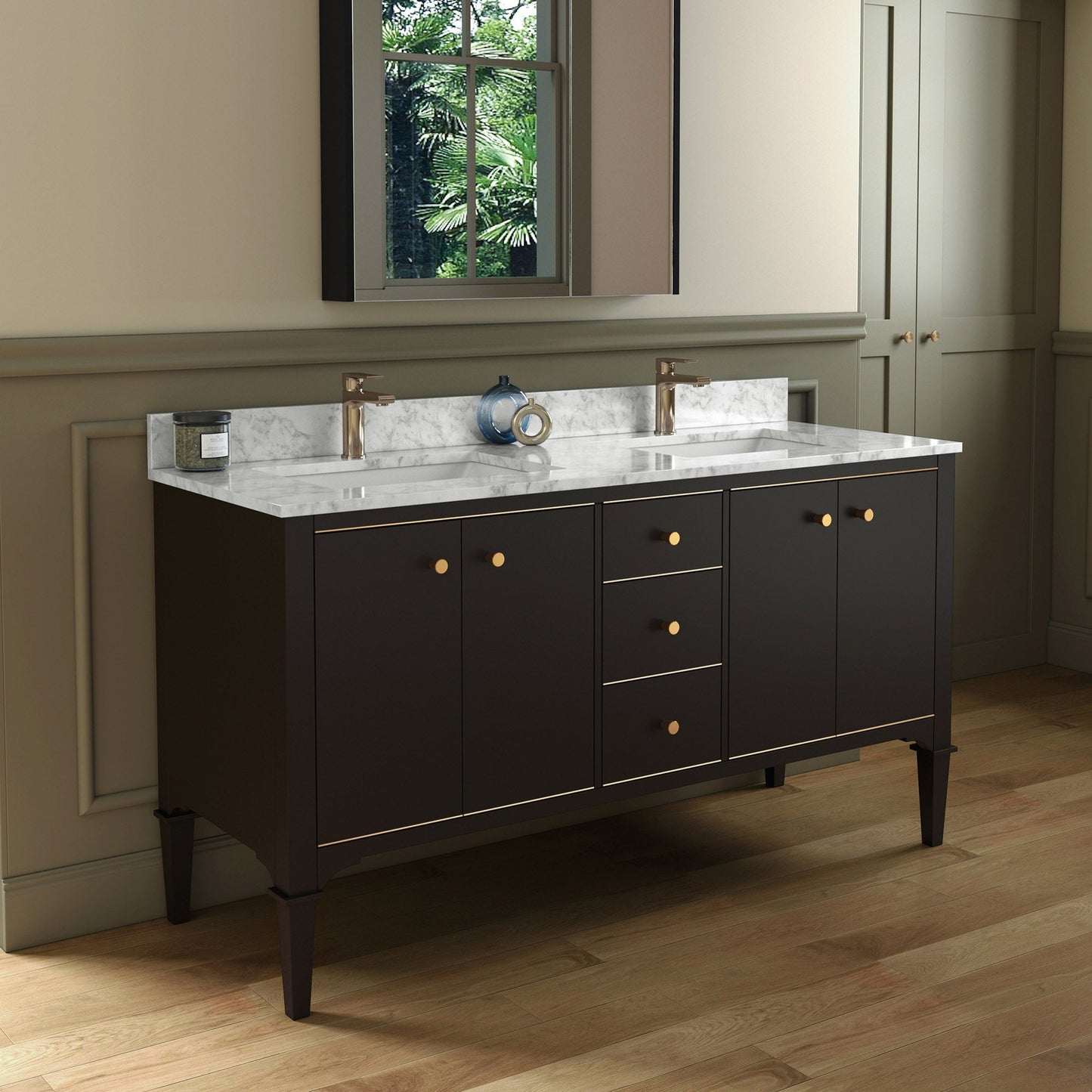 Woodbridge Roma 61" Espresso Solid Wood Vanity Base With Gold Hardware and Carrara Marble Top With Pre-Drilled Hole for Single Hole Faucet