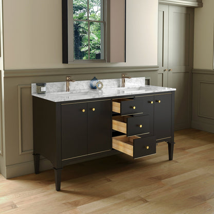 Woodbridge Roma 61" Espresso Solid Wood Vanity Base With Gold Hardware and Carrara Marble Top With Pre-Drilled Hole for Single Hole Faucet